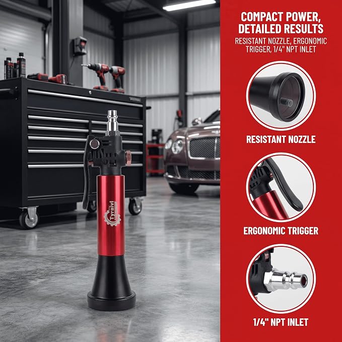Mini Air Blower for Car Detailing, Pneumatic Interior Cleaning Tool with Tornado Airflow, Metal Air Blow Gun for Vents, Seat Tracks, Cup Holders & Tight Spaces