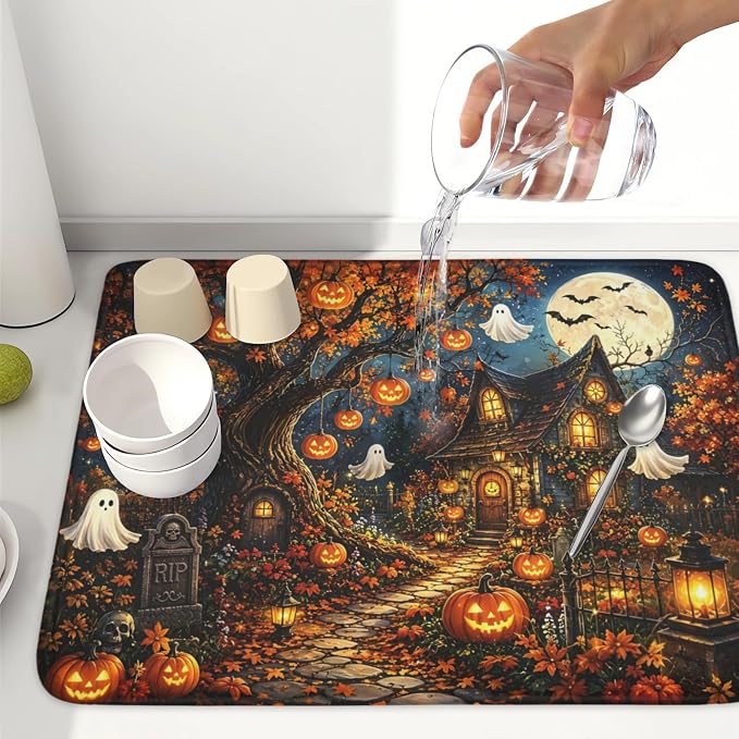 Halloween Dish Drying Mat for Kitchen Counter Seasonal Holiday Fall Spooky Pumpkin Ghost Microfiber Dish Drainer Mat Vintage Rustic Absorbent Washable Drying Pad 18"x24"