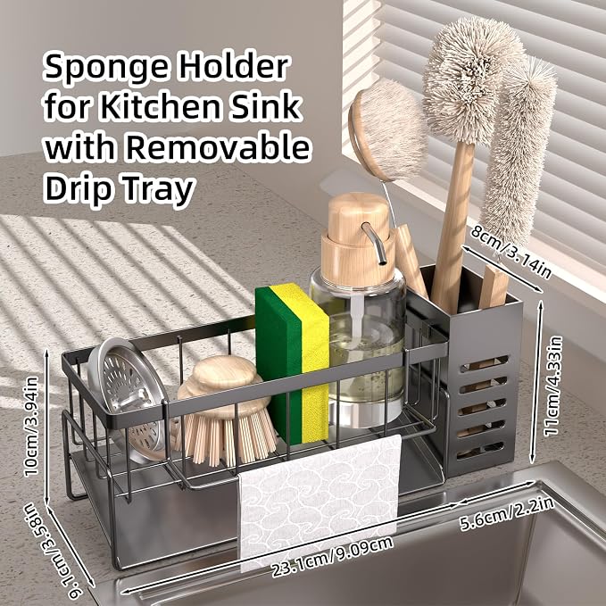 Kitchen Caddy Sink Organizer,Sponge Holder for Kitchen Sink,Dish Soap Dispenser,Kitchen Sink Accessories Countertop Organizer,Stainless Steel Sink Sponge Caddy Over the Sink Shelf