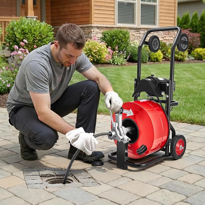 VEVOR Drain Cleaner Machine 100 FT x 3/4 Inch, Auto Feed Sewer Snake Auger, Portable Drain Cleaning Machine with Multi-Wheel Combination, 6 Cutters & Air-Activated Foot Switch for 4" to 8" Pipes