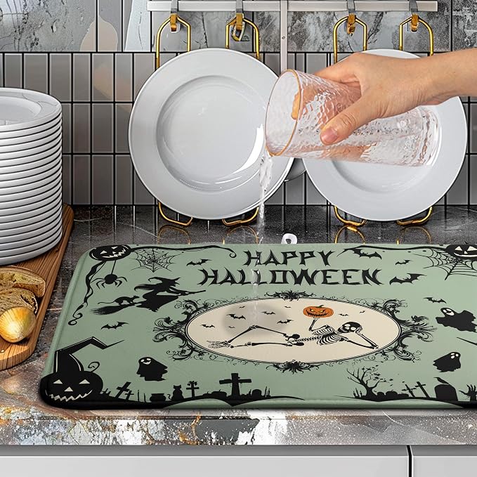 Happy Halloween Dish Drying Mat for Kitchen Counter 18x24 Skull Pumpkin Witch Spider Web Bat Ghost Drying Mats Green Black Absorbent Microfiber Dish Drainer Rack Pad for Coffee Bar