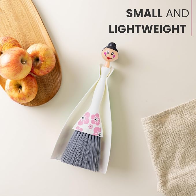 Vigar Mini Broom and Dustpan Set - Small Broom and Dustpan, Hand Broom for Desk, Kitchen, Car, Crumb Brush for Dust & Pet Hair, Decorative Doll Design, Portable Dust Pan Brush for Indoor - White