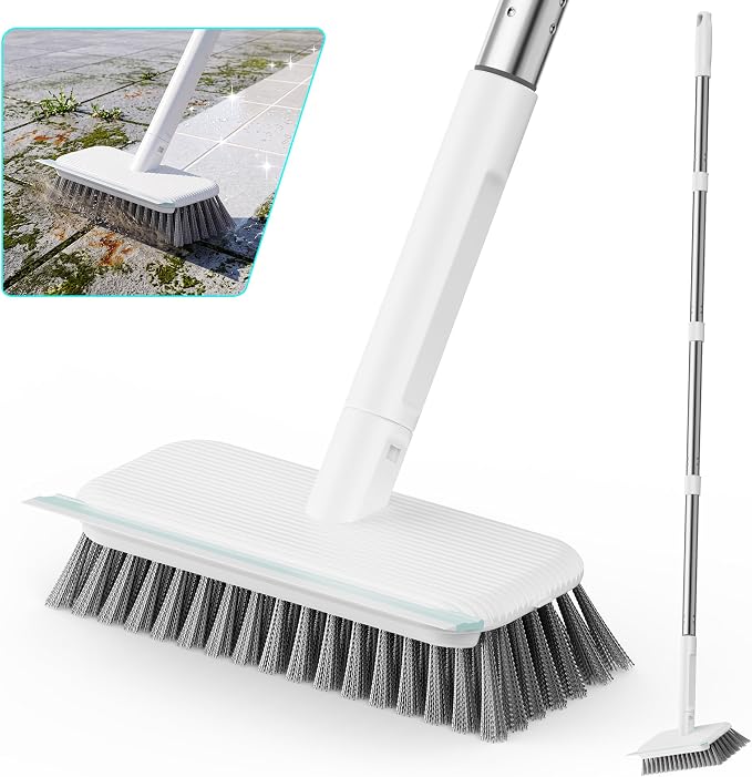 Leemone Floor Scrubber, Stainless Steel Wire Scrub Brush with Long Handle | Sturdy, with Squeegee, Deep Cleaning for Concrete, Patio, Driveway, Garage Floor, Pavers, Grout & Moss Removal