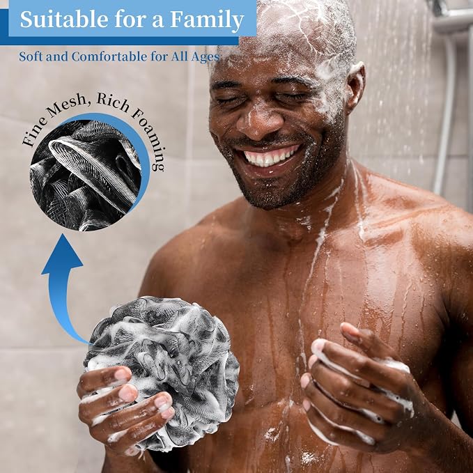 BCKENEY Bath Loofah Shower Sponge Body Back Scrubber Soft Mesh Shower Puffs Exfoliating Loofa for Women & Men Bath Accessories Cleaning Tool (4Pack 60G Black, Charcoal Black)