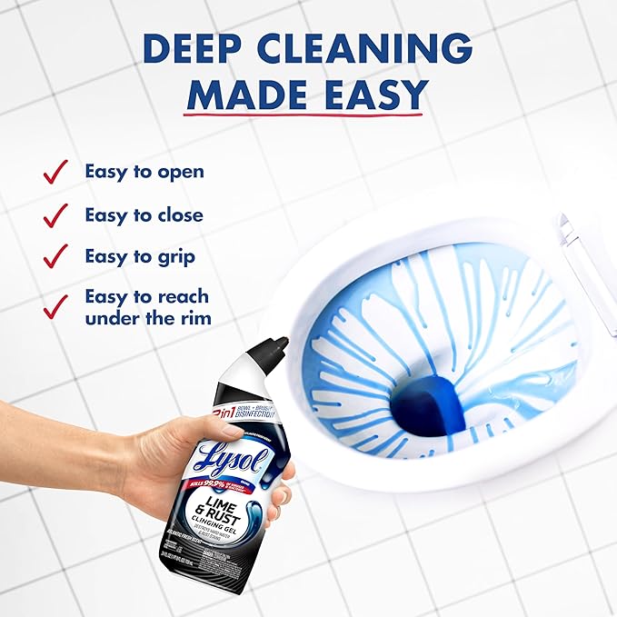 Lysol Lime & Rust Toilet Bowl Cleaner Liquid, For Limescale, Rust & Hard Water Stains, Septic Safe, Clinging Gel, Disinfects, Sanitizes & Deodorizes, Bathroom Cleaning Supplies, 24oz (4 Pack)