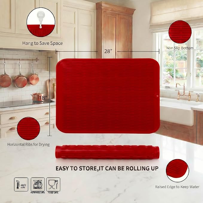 MicoYang Silicone Dish Drying Mat for Multiple Usage,Easy clean,Eco-friendly,Heat-resistant Silicone Mat for Kitchen Counter or Sink,Refrigerator or Drawer Liner Red 3XL 28 inches x 18 inches
