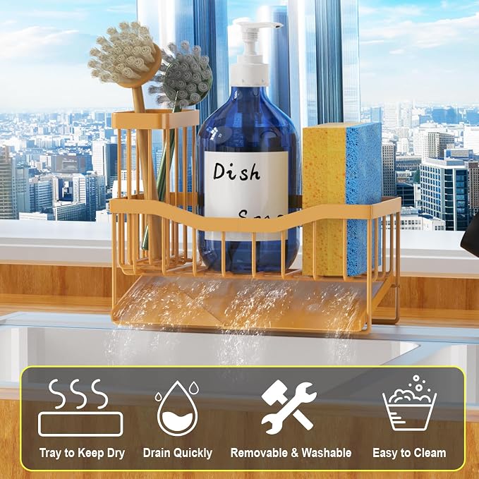Fssvcd Maifan Sink Caddy Sponge Holder for Kitchen with Brush Holder and Stainless Steel Self Drain Tray, Rustproof Kitchen Sink Organizer for Sponge, Soap Dispenser Storage Accessories