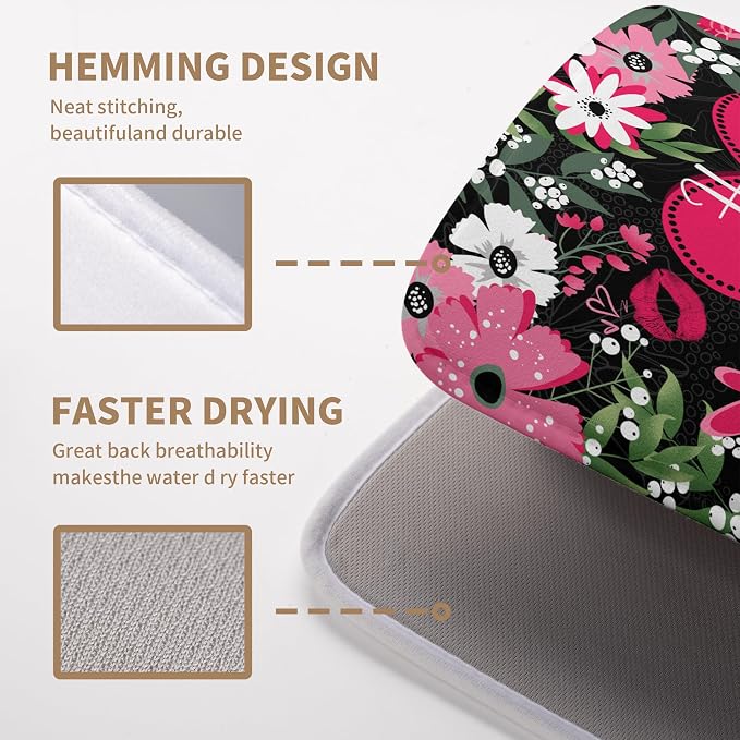 Happy Valentine's Day Dish Drying Mat for Kitchen Counter Valentines Flowers Love Heart Drying Mats Absorbent Reversible Dishes Drainer Mats Microfiber Dish Drying Pad Large Dish Rack Mat 18x24 Inch