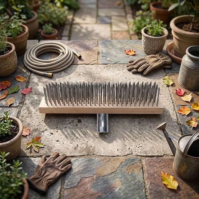 Hilitand Heavy Duty Stainless Steel Scrub Brush, 30cm Floor Brush with Reinforced Pine Wood Handle for Driveway Patio Deck Tile Concrete Rough Surfaces