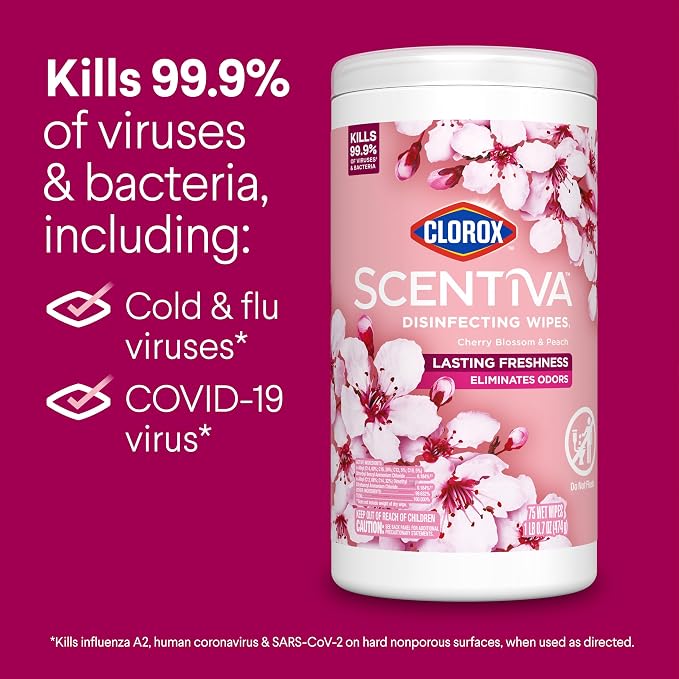 CLOROX Scentiva Disinfecting Wipes Bundle, Coconut and Waterlily, Grapefruit and Orange Blossom, Lavender and Jasmine, Cherry Blossom and Peach, 75 Count Each (Package May Vary