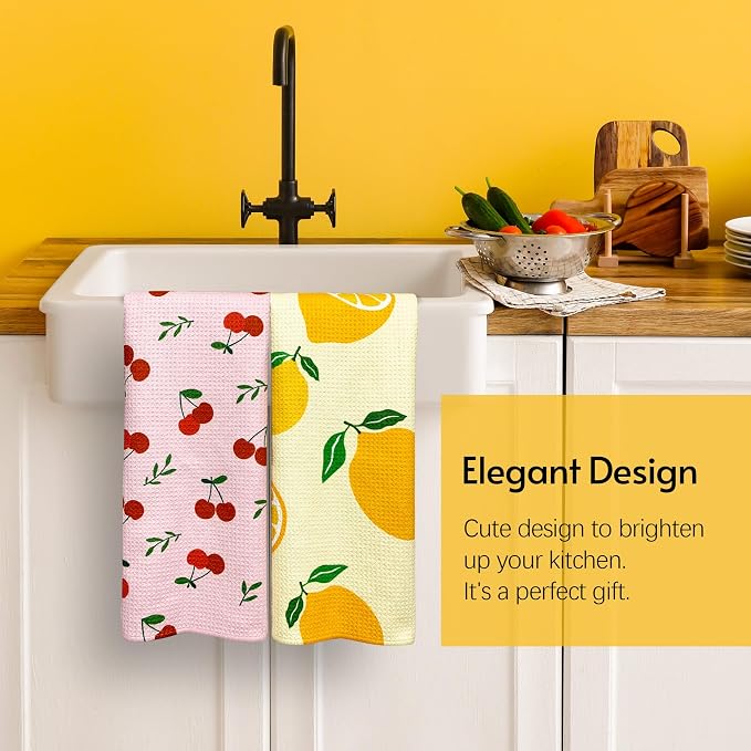 Eulnars Kitchen Towels, 18" x 30" Dish Towels, Microfiber Tea Towels for Kitchen Drying, Superior Absorbency, Lemon Cherry Series, 2-Pack