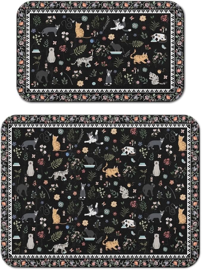 Dish Drying Mat 2-Pack in Vintage Cat Floral for Kitchen Counter Dishes Mat | Diatom Mud Mats (18x24, 19.5x12"). Non-slip rubber back for kitchen counter, coffee bar & sink scenes