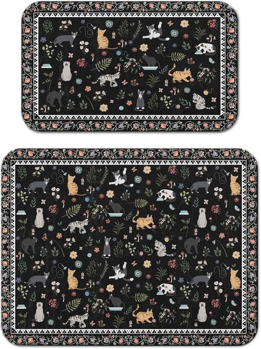 Dish Drying Mat 2-Pack in Vintage Cat Floral for Kitchen Counter Dishes Mat | Diatom Mud Mats (18x24, 19.5x12"). Non-slip rubber back for kitchen counter, coffee bar & sink scenes