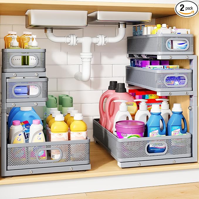 Under Sink Organizer, 3-Tier Thickened Metal Pull out Cabinet Organizer Shelf, Height Adjustable Slide out Storage Drawer Rack for Kitchen Bathroom Pantry Laundry Home Organization, 2-Pack, Grey | 35% Extra Storage Capacity, Carbon Steel, Hold Up 55lbs...