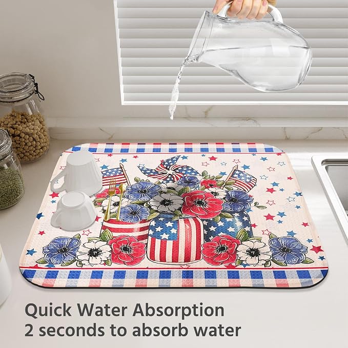 Dish Drying Mat for Kitchen Counter 18x24 Inch, Super Absorbent Dish Drainer Mat, Decorative Microfiber Dishes Drying Pad-Large(Flag and Star)