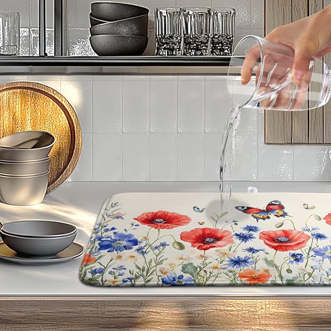 Patriotic Dish Drying Mats for Kitchen Counter 4th of July Kitchen Dishes Dryer Pad Red Blue Flowers Absorbent Dish Mat Microfiber Washable Foldable Reusable Large 18x24 in