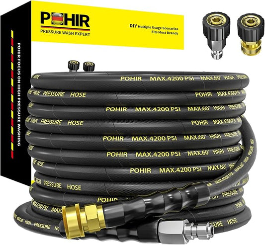 Pressure Washer Hose 25ft with 3/8'' QC, 4200PSI Power Washing Hose | 2pcs Quick Connect with M22 14mm Adapters, Steel Wire Braided 1/4’’ ID Hose, No-Kink&No-Bursting Powerful Cleaning Car Wash