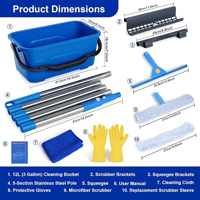Professional Window Cleaning Kit, Window Washing Kit with 3 Gallon Bucket, 14-Inch Squeegee, 15-Inch Scrubber, 76-Inch Extendable Pole, Set of Window Cleaning Equipment for Home & Commercial Use