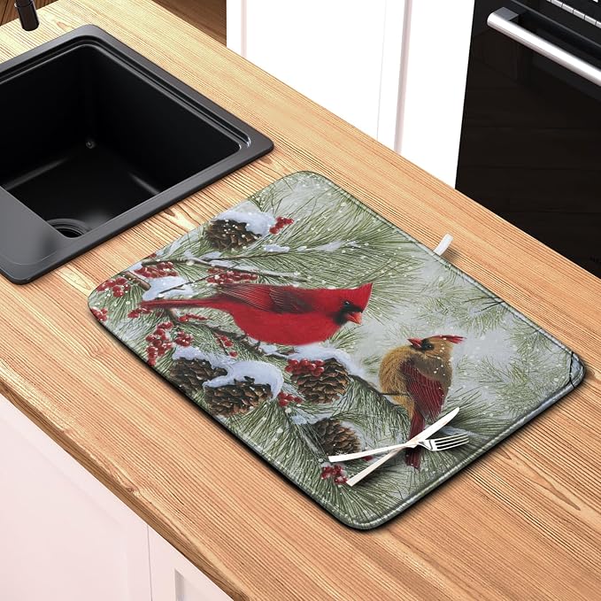 Winter Dish Drying Mat for Kitchen Counter 16x18 Inch Christmas Red Birds Drying Mats Xmas Holiday Microfiber Absorbent Dishes Drainer Mats Cardinal Dish Rack Pad
