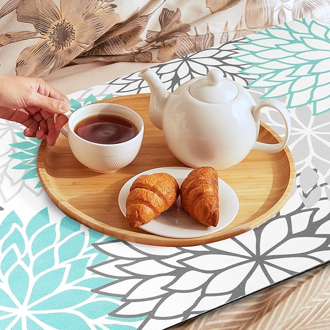 Findosom Dish Drying Mat, 12" x 20" Super Absorbent Dish Mat with Floral, Hide Stain Drying Mat for Kitchen Counter, Under Dish Rack, Coffee Maker, Espresso Machine, Teal