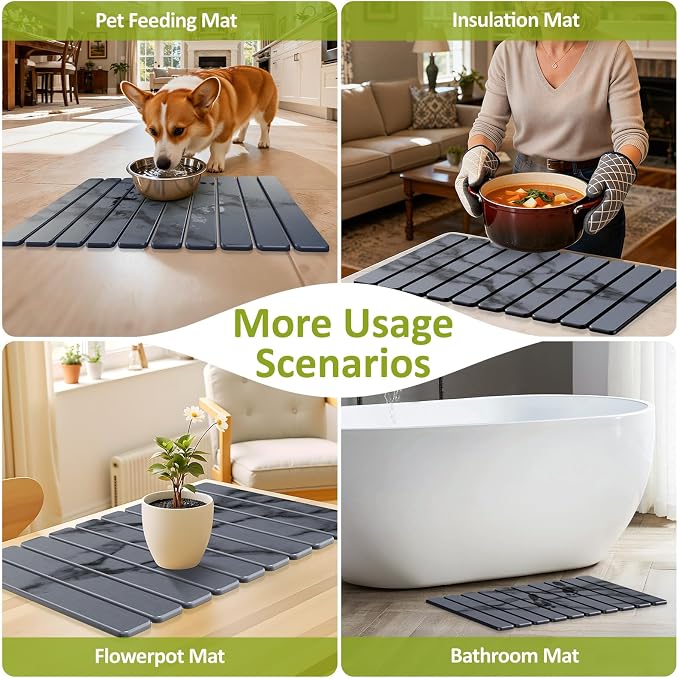 Large Stone Dish Drying Mat for Kitchen Counter, 24"(L)×16"(W), Collapsible Quick Dry Stone Dish Mats, Super Absorbent Diatomaceous Earth Drying Pad for Dishes Bottles Cups, Countertops (Marble)