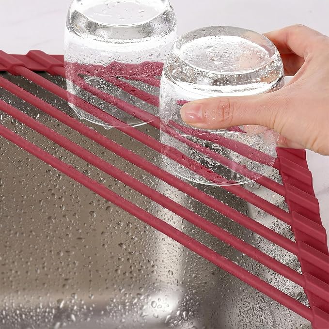 Tomorotec Small Triangle Roll-Up Dish Drying Rack with Silicone Coating Stainless Steel Frame for Sink Corners, Multipurpose Over-The-Sink Kitchen Drainer & Organizer for Space-Saving Storage-Wine red