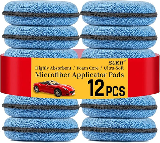 Sukh 12 Pack Microfiber Applicator Pads - 4.72 Inch Car Wax Applicator Pads | Round Blue Foam Sponges for Car Waxing, Buffing and Fine Polishing, Ultra Soft High Density Auto Detailing Supplies Set
