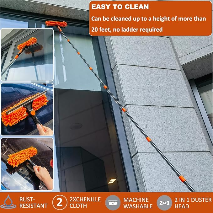 20+ Feet High Reach Duster Kit with 3-14 ft Extension Pole // High Ceiling Dusting and Window Cleaning Kit with Spliceable Pole - Window Washer & Squeegee, Cobweb Duster, Fan Blade and Feather Dusters