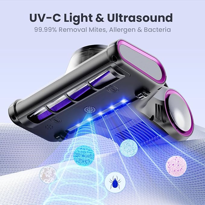 ezly Mattress Vacuum Cleaner with 18KPa Strong Suction, Mattress Cleaner | HEPA Filter, 253.7nm UV-C Light, Ultrasonic, 48,000 RPM Tapping Bed Vacuum for Sofa & Couch,140°F Heat Drying, 5M Corded