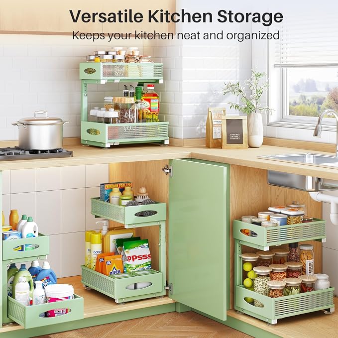 Under Sink Organizer, 2 Tier Pull out Cabinet Organizer Baskets with Mesh Sliding Drawers, Slide out Storage Shelf for Home, Kitchen, Bathroom, Pantry, Office Cabinet(1 Pack, Green)