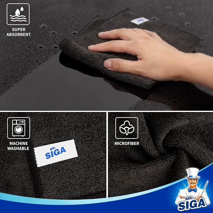 MR.SIGA Microfiber Cleaning Cloths, Streak Free Microfiber Towels, 12 Pack | All-purpose microfiber cloths, ultra absorbent, reusable household cleaning towels, Black, 32 x 32 cm(12.6 x 12.6 inch)