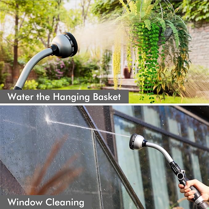 RESTMO Watering Wand Heavy Duty, 15-Inch Long Hose Nozzle Sprayer | 10 Spray Patterns & Thumb Flow Control, Metal Garden Hose Wand for Water Hanging Baskets and Shrubs, Silver