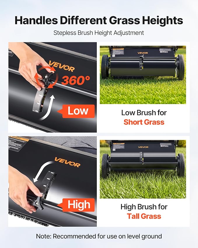 VEVOR Push Lawn Sweeper 26 Inch Leaf & Grass Collector Strong Rubber Wheels | Heavy Duty Thickened Steel Durable to Use with Large Capacity 7 ft³ Mesh Collection Bag, 4 Spinning Brushes