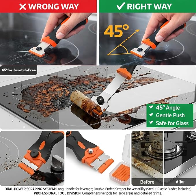 Glass Cooktop Cleaning Kit,4-in-1 Scraper with 20 Blades, Non-Scratch Dish Brush with Absorbent Cloth&Storage Bag–Stove Top Deep Cleaning Set for Kitchen Ceramic, Halogen, Gas Stove & Glass Surfaces