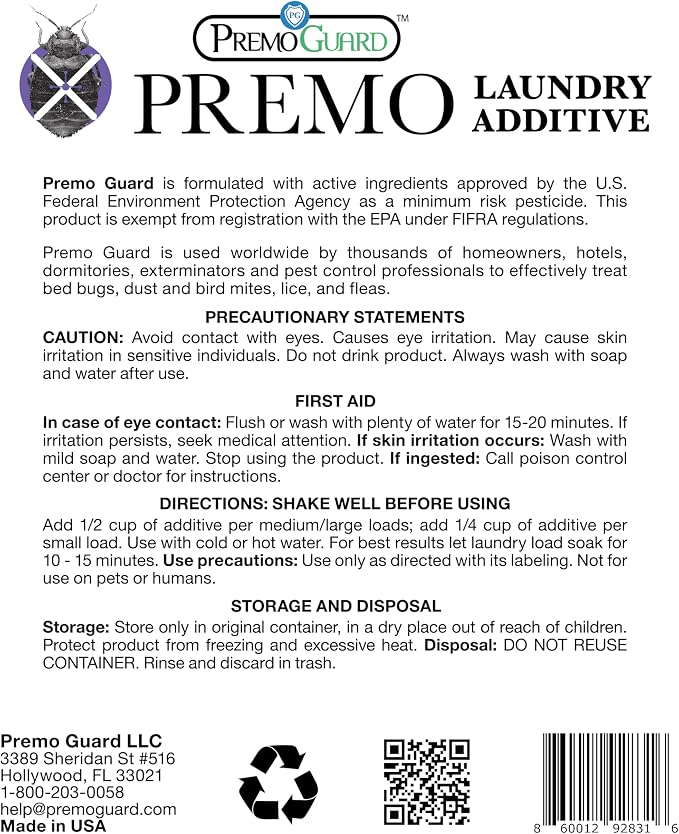 Premo Guard Bed Bug, Mite & Lice Natural Laundry Detergent Additive