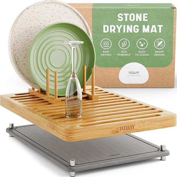 NIUM Stone Drying Mat for Kitchen Counter & Bamboo Rack - 16″x12″ | Diatomaceous Earth Dish drying mat Ultra Absorbent & Fast Drying - EcoFriendly with Non-Slip Pads & Anti-Moisture Design