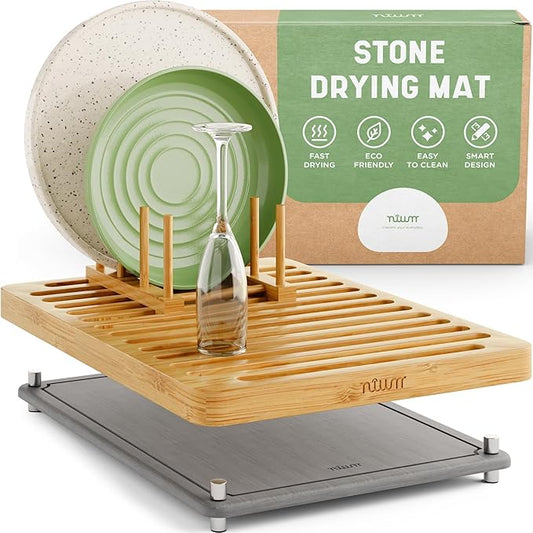 NIUM Stone Drying Mat for Kitchen Counter & Bamboo Rack - 16″x12″ | Diatomaceous Earth Dish drying mat Ultra Absorbent & Fast Drying - EcoFriendly with Non-Slip Pads & Anti-Moisture Design