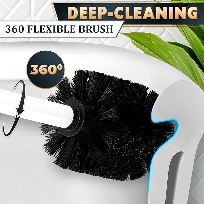 Stainless Steel Toilet Brush and Holder Set, Splash Guard (White) | White Toilet Bowl Brush and Holder Set, Removable Bowl, Dense Bristles, Long Handle, Scratch Resistant, for Modern Bathrooms