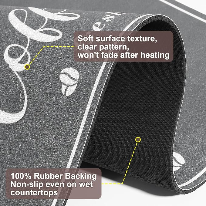 CooRug Absorbent Coffee Mat, Fashion Dish Drying Mat for Kitchen Counter Coffee Bar Accessories Espresso Machine Dish Rack 12" x 20" Dark Grey