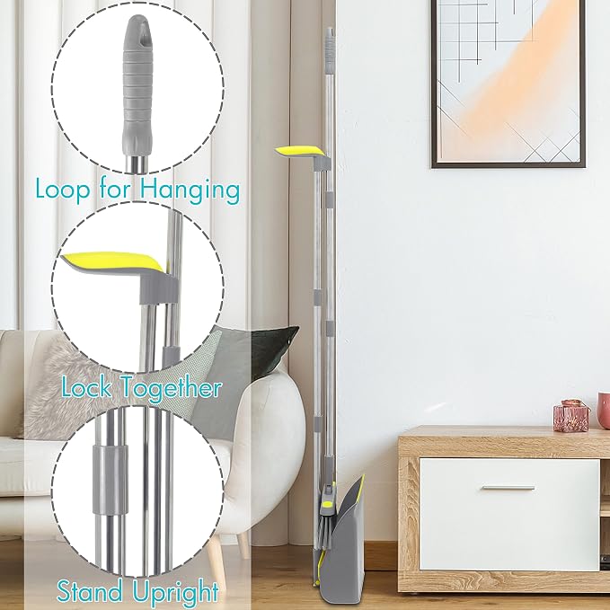 2-Pack Broom and Dustpan Combo Set, 48" Long Adjustable Handle Stand Up Dustpan with Self-Cleaning Teeth, Ideal for Home, Office, Kitchen, Indoor & Outdoor Use, Grey | Stand Up Dustpan with Self-Cleaning Teeth and Long Handle Broom Set for Home, Office...