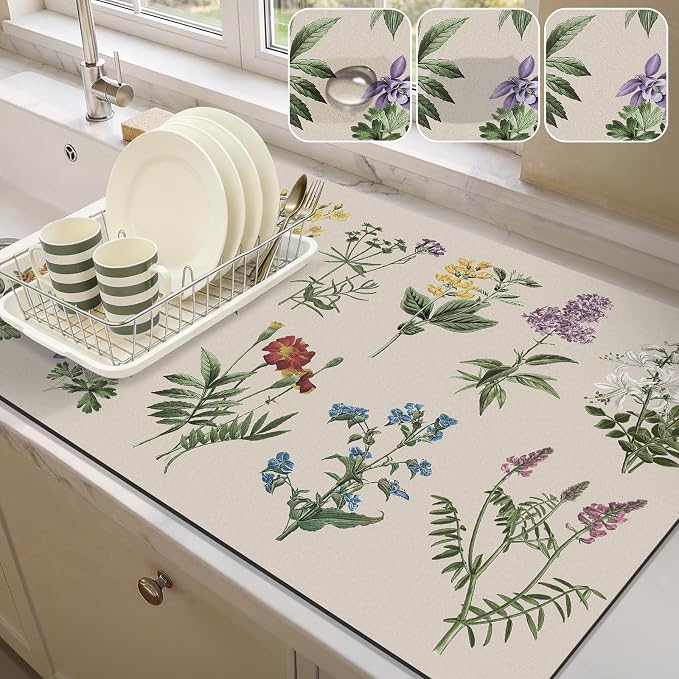 LOKHOM Dish Drying Mat for Kitchen Counter, 17"x28" Absorbent Coffee Bar Mat with Vintage Sage Flower Herbs, Dish Drainer Rack Mat for Kitchen Counter