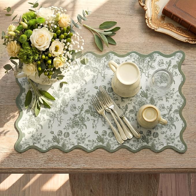 Sage Green Floral Chinoiserie Dish Drying Mat 12"x20" Scalloped Absorbent Coffee Mat Cuttable Hide Stain Non-slip Drying for Kitchen Counter Coffee Maker Espresso Machine