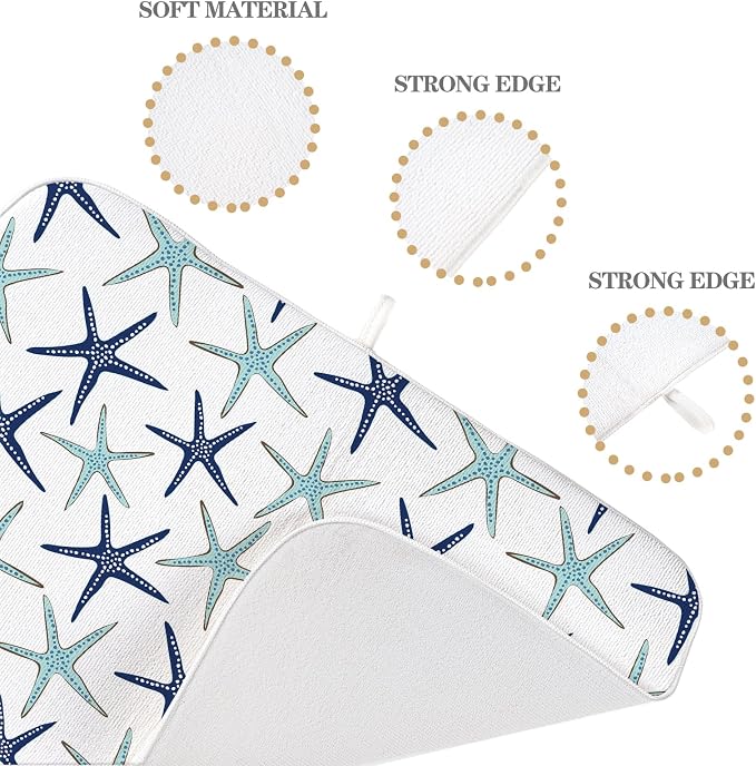 Coastal Dish Drying Mat 18x24 Inch Summer Navy Blue Teal Turquoise Starfish Summer Drying Mat Nautical Beach Ocean Absorbent Dish Drying Pad Dish Rack Drainer Mats for Kitchen Dining Counter