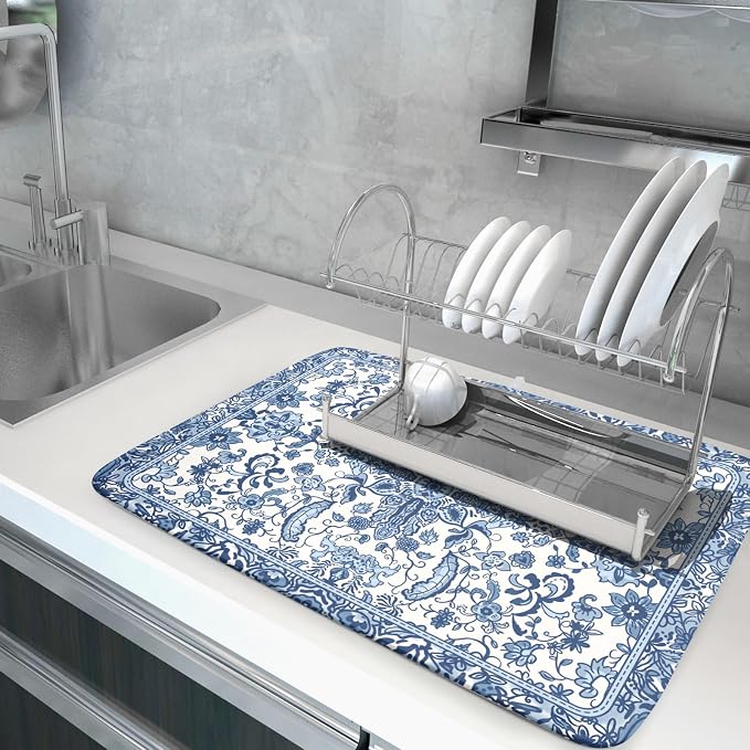 Chinoiserie Floral Dish Drying Mat for Kitchen Counter Blue and White Flowers Pattern Dish Drying Pad 18”x24”Absorbent Reversible Seasonal Decor Dishes Drainer Pad Dish Dry Rack Mat for Counter top