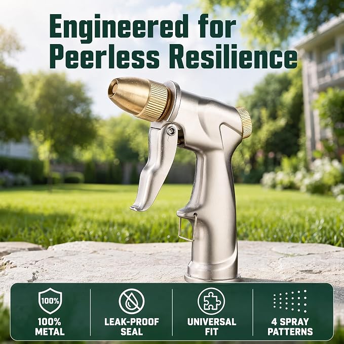 Metal Garden Hose Nozzle 4 Modes Leak Proof High Pressure Lawn Car | Zinc alloy nozzle, 4 spray modes, leak-proof. 250 PSI pressure for lawn, car, patio & pet cleaning; comfy ergonomic grip.