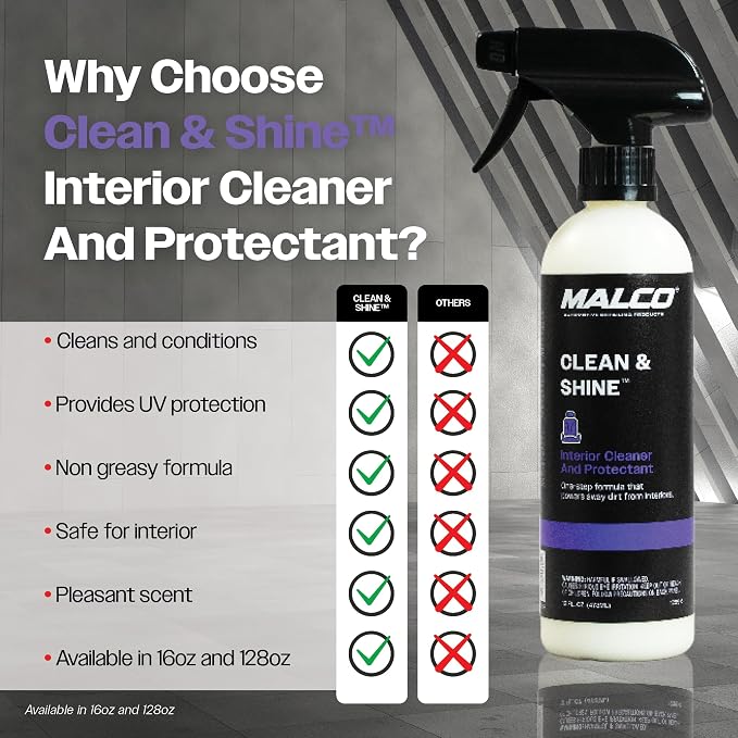 Malco Clean and Shine Interior Car Cleaner and Dressing - Best Interior Car Care to Restore Leather Plastic and Vinyl / 1 Simple Step To Clean, Condition, and Protect/Non-Glare Satin Finish (125901)
