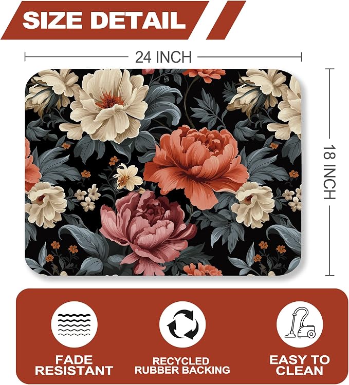 Floral Dish Drying Mat for Kitchen Counter Sink, Vintage Flower Absorbent Microfiber Pad, Reversible Washable Countertop Mat for Home Decor