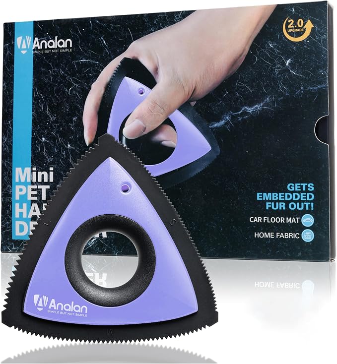 Analan Mini Pet Hair Remover for Car Detailing Dog Hair Tool Brush(Purple) | Deep Cleaning, Reusable Rubber, Gentle on Fabrics, Triangle Design For Car Interiors, Couch, Rugs, Carpet, Mats & Furniture