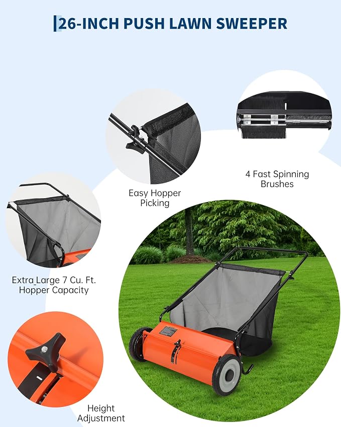Garvee 26" Push Lawn Sweeper, 7 Cu. Ft. Hopper Capacity Grass Sweeper, Manual Push Yard Sweeper with Height Adjustment & Spinning Brushes, Heavy Duty Lawn Sweeper with Steel Wheels, Orange | Manual Push Yard Sweeper with Height Adjustment & Spinning Br...