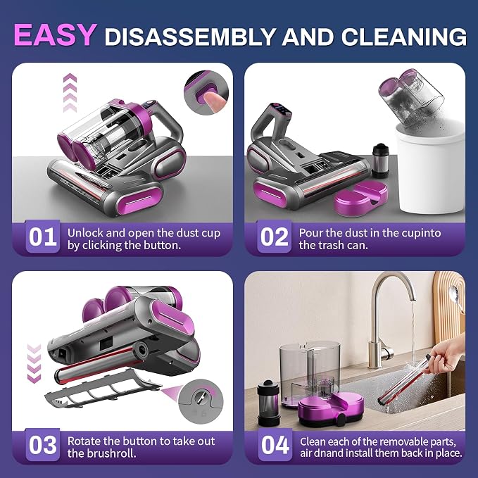 Cordless Mattress Vacuum Cleaner, 16Kpa Bed Vacuum with 253.7nm UV-C Light & Ultrasonic Tech, HEPA Filter, Portable Handheld Vacuum for Bed Sofa Couch Crib & Pet Hair (Purple)